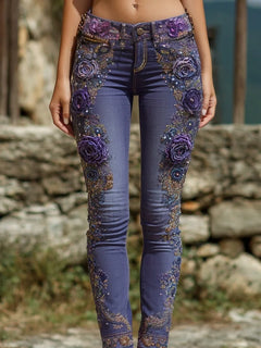 Floral Print Straight Leg Jeans for Women Fashion Denim Pants European
