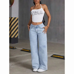 Fashion Solid Color High-Waisted Straight-Leg Jeans Women Loose Pockets Jeans Suitable Daily Casual Jean
