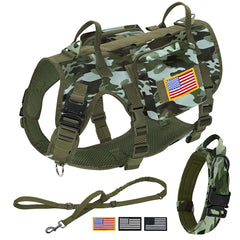 Tactical Dog Harness Collar Leash Set Military Training Pet Vest with Pouches Flags Durable Collars for Big Dogs German Shepherd