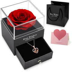 Preserved Red Rose with I Love You Necklace, for Women, Mom, Wife,Christmas Valentines Day Mothers Day Anniversary Birthday Gift