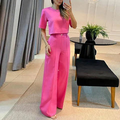 Fashion Office Lady Two Piece Sets O Neck Short Sleeve Short Shirt High Waist Straight Pants Suit Female Summer Outfits