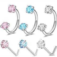 6/2pcs Horseshoe Nose Rings with L-Shape Nose Stud, Stainless Steel