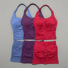 2 Pieces Shorts Yoga Set Women Backless Halter Tops High Waist Seamless Shorts Gym Suit Fitness Sportswear Workout Sets