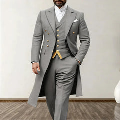 Blue Men Wedding Suits 3 Piece Long Blazer Vest Pants Satin One Button