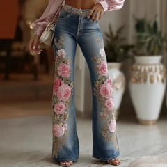 Women's Fashion and Leisure 2025 Retro Style Pink Rose Embroidery Art Print Imitation Jeans Pants
