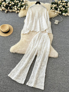 SINGREINY Senior Embroidery Leaves Sets Long Sleeves Single Breasted Top+Wide Legs Casual Pants 2025 Korean Women Solid Suits