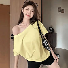 Fashion Loose Ladies Batwing Sleeve Trend Solid Color Off Shoulder Summer New Style Pullover Slash Neck Tshirt Tops Short Sleev