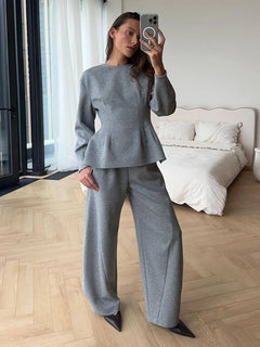 BJTZ Spring Autumn Women Solid Crew Neck Long Sleeve Top Wide Leg