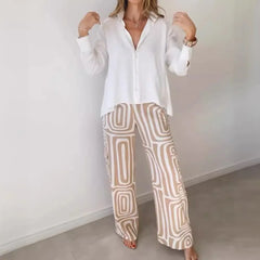 Elegant Office Lady Casual Suit Fashion Solid Long Sleeve Lapel Shirt Elastic Waist Print Trousers Two Piece Set 2024 Autumn New