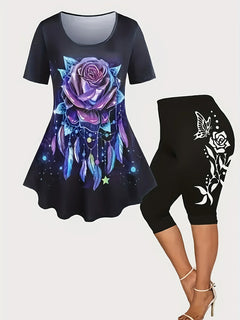Plus Size Ladies Suit New Summer Women Hot Sales Black Oversize Casual Flower Rose Print T-Shirt Pants Two-Piece Suit