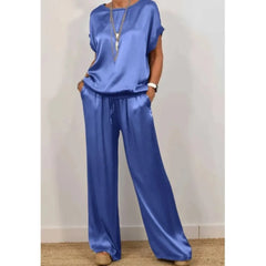 2-Piece Set Fashion Satin O Neck T-Shirt Top Trousers Summer Retro