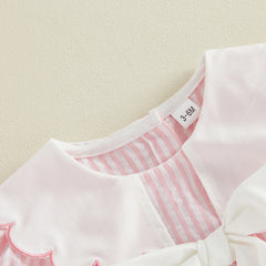 0-18M Newborn Baby Girl Summer Striped Romper Contrast Scalloped Edge Doll Collar Short Sleeve Bodysuit with Front Bow