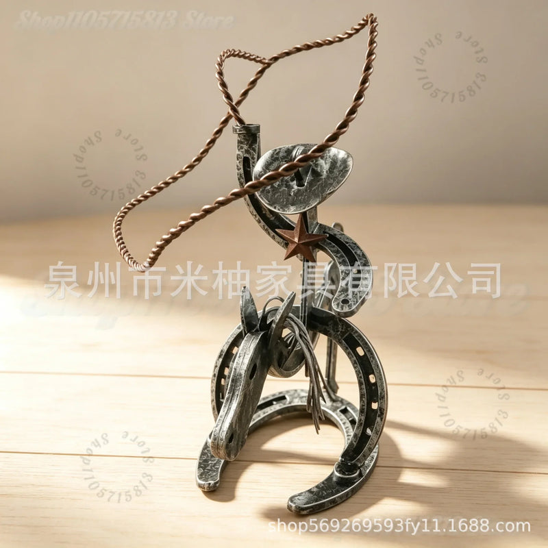 Western Cowboy Horseshoe Metal Sculpture, Vintage Wild West Rodeo Ornament, Rustic Country Home Tabletop Decor