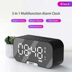 Bluetooth Speaker with LED Mirror Screen Digital Dual Alarm Clock with FM Radio Phone Holder Temperature For Bedroom Office