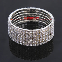 Classic Multiple Shining Rhinestone Crystal Stretch For Women Girls Bridal Wedding Wristband Elastic Bracelet Gold Silver Color