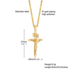 Stainless Steel Cross Necklace Catholicism Jesus Pendant Gold Color Collar Church Prayer Faith Jewelry for Men Women Gift