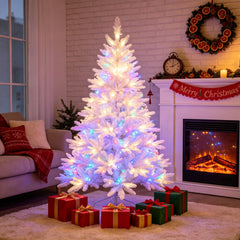 6FT Sliver Pre-Lit Artificial Christmas Tree Hinged Full Tree with Metal Stand 800 Branch Tips 300 LED Lights 11 Lighting Modes Holiday Decoration Tree for Indoor and Outdoor