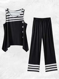 Printed Design Spring and Summer collection Black And White Stripes Pattern vacation style women's pants suit