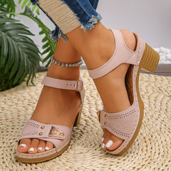New Women's Chunky Heel Sandals Adjustable Buckle Strap Plus Size Shoes Solid Color Fashion Sandals Women Summer Comfort