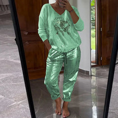 Women's Gold Shining Eye 2 Piece Set Long-Sleeved Top V-Neck Pullover Bronzing Pants Outfit Lace-up Loose Suit Spring Summer