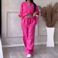 Autumn Cotton and Linen Pant Sets Women Fashion Long Sleeve Shirts
