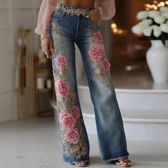 Women's Fashion and Leisure 2025 Retro Style Pink Rose Embroidery Art Print Imitation Jeans Pants
