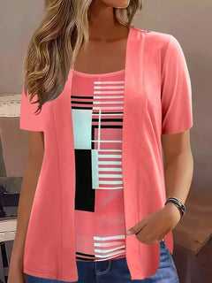 Elegant Geometric Print Mock Two-Piece T-Shirt | Plus Size Womens Summer Casual Top | Fashion Patchwork Design