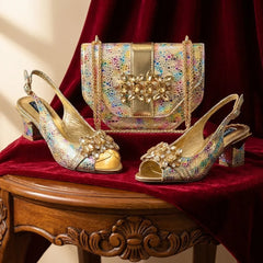 2026 New Elegant Italian Design Women's Black Heels with Rhinestones and Metal Decoration Shoes and Matching Bag Set for Party