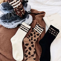4 Pairs Women Leopard Socks Cotton Sports Y2k Student White Lolita Harajuku Girl Funny Socks