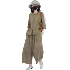 Plus Size Casual Suit Women 2 Piece Cotton Linen Sets, Button Down