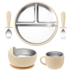 Color Kids 5PCS Baby Feeding Set Stainless Steel Silicone Tableware Sucker Dishes Plate Bowl Training Fork Spoon Infant Cup