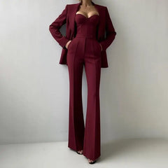 Solid Suit Jacket Corset Pants 3 Piece Set Women Corset Lapel Coat Straight Pants Lady Set 2026 Summer Autumn Commute Outfit New