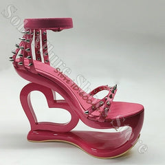 Hot Pink Spike Stud Caged Heart Cutout Wedge Sandals Gloss Patent Ankle Buckle Hollow Sculptural Platform Heels Y2K Trend Sandal