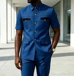 Luxury Men Suit Short Sleeves Safari Suit 2 Pieces Black Contrast Pockets Gold Button Business Wedding Party Casual Blazer Pants