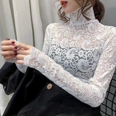 Blouse Women Transparent Lace T Shirt Stretch Turtleneck Petal Sleeve