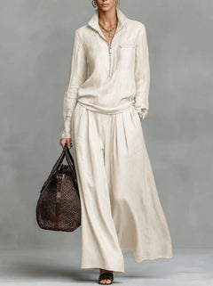 Elegant Solid Loose Two Piece Set Fashion Lapel Zipper Pullover & Wide-leg Pant Suit Women Casual Long Sleeve Outfits