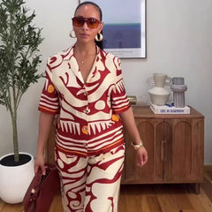 New Fashion Printed Women Two Piece Set Outfits Short Sleeve Turn Down Collar Shirt And Wide Leg Pants Set