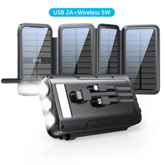 43800mAh Solar Power Bank Quick Wireless Charger External Battery Pack PD 20W Powerbank Built Cables LED Light for iPhone Xiaomi