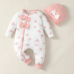 0-2 Year Old Newborn Baby Gilr Spring and Autumn Round Neck Bow Long Sleeve Love Printed Pants jumpsuit