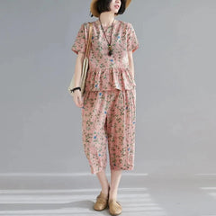 5XL Middle Aged Female Pants Suit Cotton Two Piece Set Women Summer