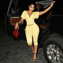 Women Sexy 2 Piece Pant Sets Summer Club Party Batwing Sleeve V Neck Crop Top Capri Pants Matching Set Beach Vacation Outfits