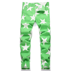 2026 New Fashion Men Clothing Stars Print Jeans Y2K Fancy Color Stretch Cotton Denim Pants Spring Trendy Slim Straight Trousers