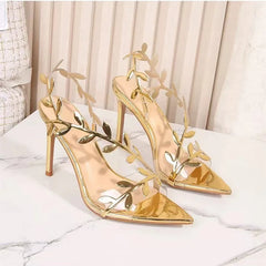 2026 Summer Fashion Patent Leather Gold Leaf Women Sandals Elegant Pointed Toe Thin High Heels Gladiator Sandalias Party Shoes
