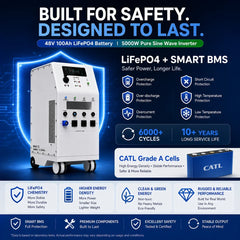 48V 100Ah LiFePO4 Battery 5.12kWh 5000W Pure Sine Wave Inverter, 3 EU AC Outlets, All-in-One Power Station for Home RV Solar Use