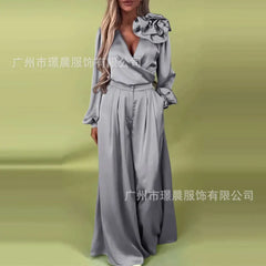 Women 3D Pants Set Elegant Flower Satin Suit For Women V Neck Blouse Wide Leg Casual Loose Trousers Set Formal Commuting