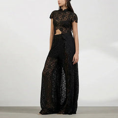 Fashion Lace Solid Women's Shirt Pant Set See Through Short Sleeve Long Tops Straight Trousers 2026 Summer Chic Female Suits
