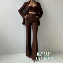 Solid Suit Jacket Corset Pants 3 Piece Set Women Corset Lapel Coat Straight Pants Lady Set 2026 Summer Autumn Commute Outfit New