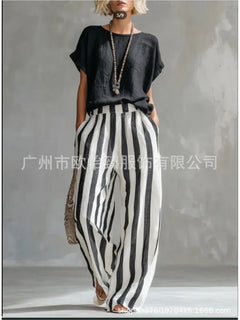 Fashion Linen Printed Striped Trousers Short-sleeved Women 2piece Set Summer New Retro Loose Wide-leg Trousers Female Casual Set