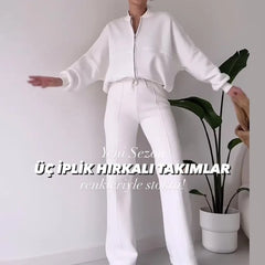 Fashion Women's Suit Zipper Trousers Round Neck Sweatshirt Wide Leg Trousers 2 Piece Set Conjuntos De Pantalón Fall Clothes 2025