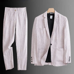 Cotton Linen Men's 2‑Piece Suit Lightweight Slim Fit Breathable Casual Suit Set for Office Wedding Sun Protection